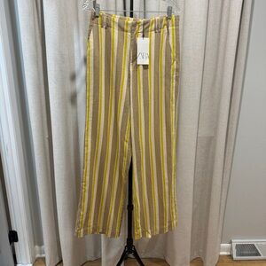 ZARA Striped Linen Wide Leg Pants Retro Yellow Tan Size S NWT